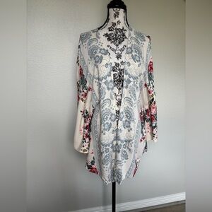 Angie Cream Open-Front Tunic with Blue Paisley and Rose Accents